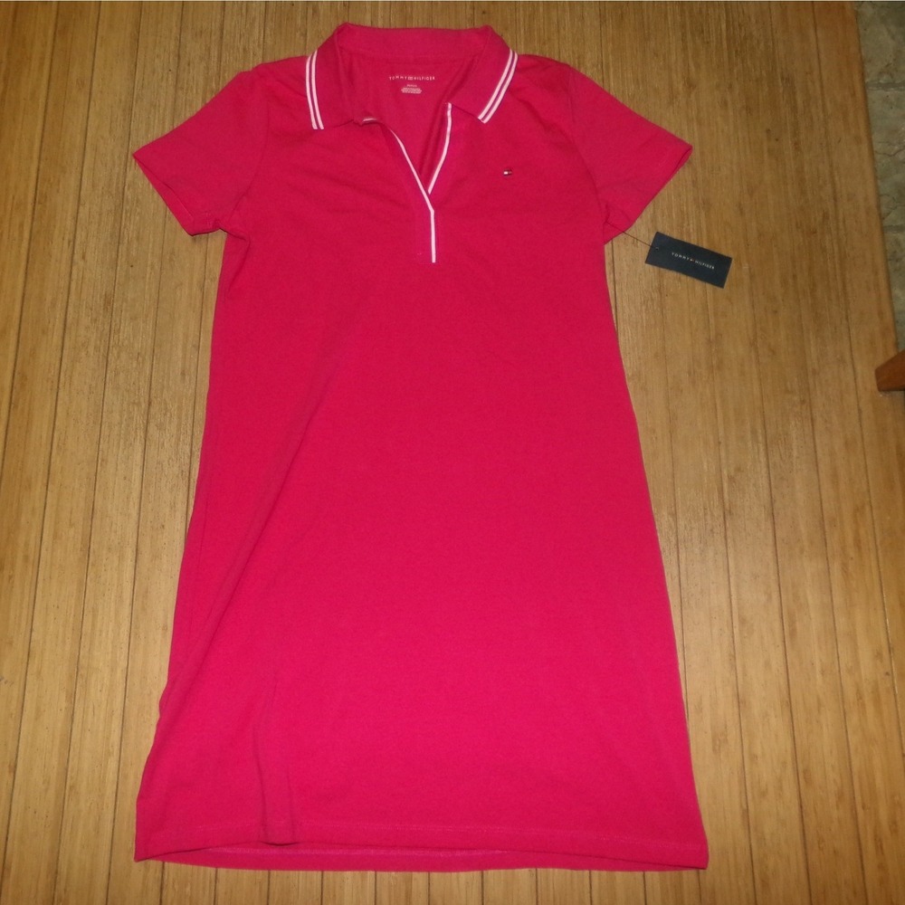 Tommy Hilfiger Womens SZ MED Pink Polo Dress V-Neck Short Sleeve NWT